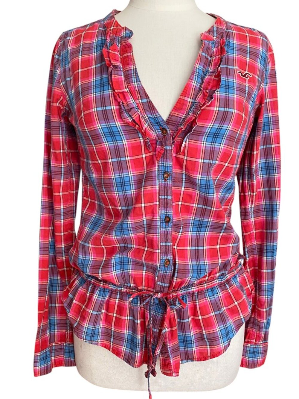 Hollister Y2K Plaid Ruffle V-Neck Drawstring Waist Peplum Top Cottage Western-S